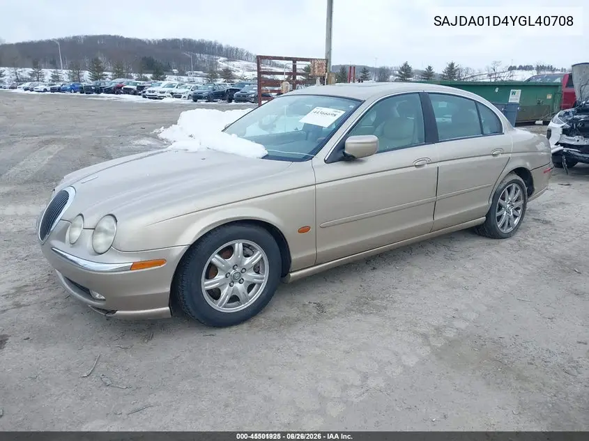 2000 Jaguar S-Type 4.0L V8 VIN: SAJDA01D4YGL40708 Lot: 45501925