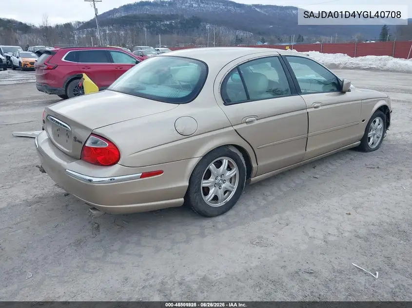 2000 Jaguar S-Type 4.0L V8 VIN: SAJDA01D4YGL40708 Lot: 45501925