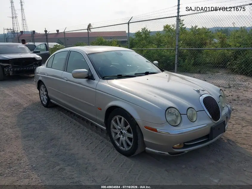 2000 Jaguar S-Type 4.0L V8 VIN: SAJDA01D8YGL21675 Lot: 45634584