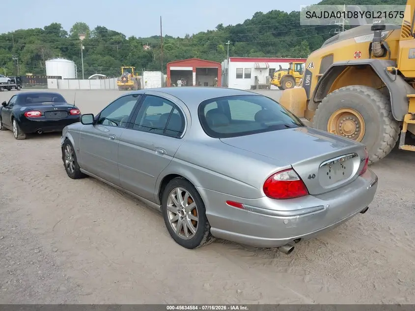2000 Jaguar S-Type 4.0L V8 VIN: SAJDA01D8YGL21675 Lot: 45634584