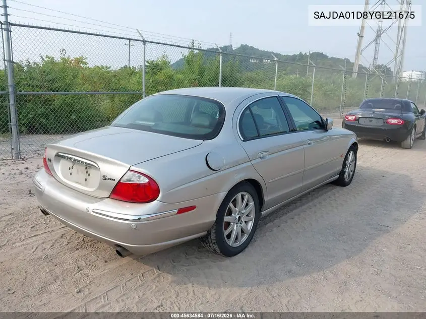 2000 Jaguar S-Type 4.0L V8 VIN: SAJDA01D8YGL21675 Lot: 45634584