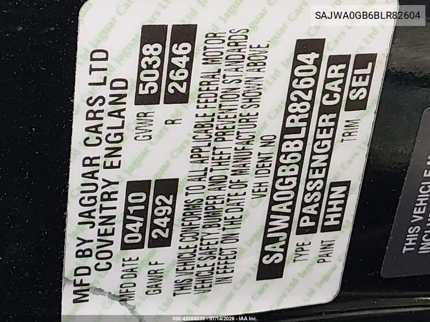 2011 Jaguar Xf Premium VIN: SAJWA0GB6BLR82604 Lot: 45588230