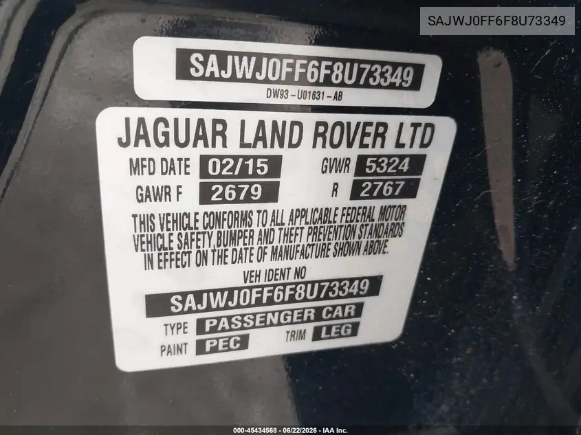 2015 Jaguar Xf 3.0 Portfolio/3.0 Sport VIN: SAJWJ0FF6F8U73349 Lot: 45434568