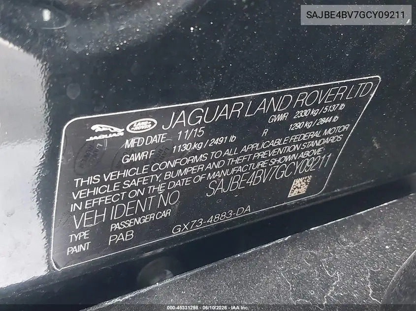 2016 Jaguar Xf 35T Prestige VIN: SAJBE4BV7GCY09211 Lot: 45331298
