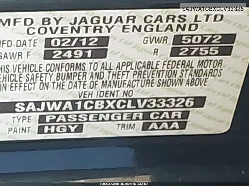 2012 Jaguar Xj VIN: SAJWA1CBXCLV33326 Lot: 45574180