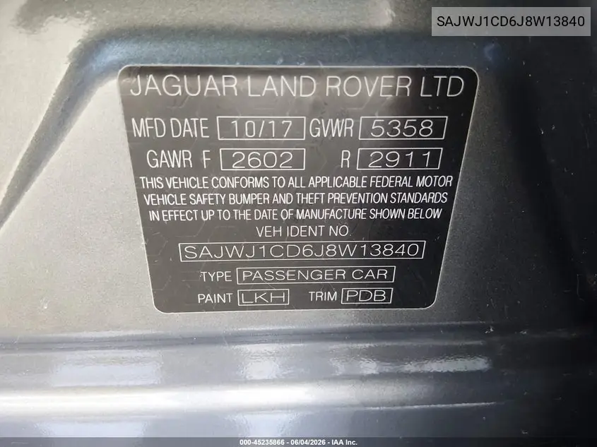 2018 Jaguar Xj R-Sport VIN: SAJWJ1CD6J8W13840 Lot: 45235866