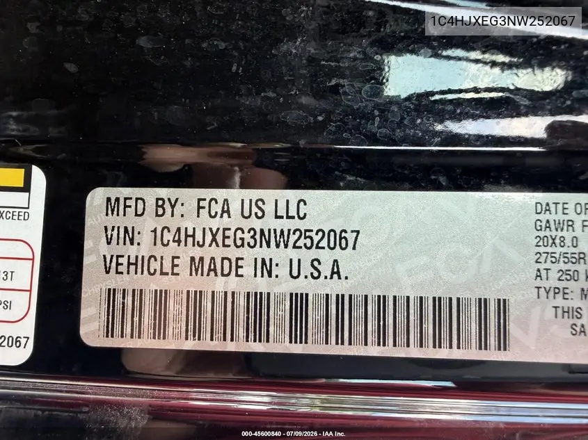 2022 Jeep Wrangler Unlimited High Altitude 4X4 VIN: 1C4HJXEG3NW252067 Lot: 45600840