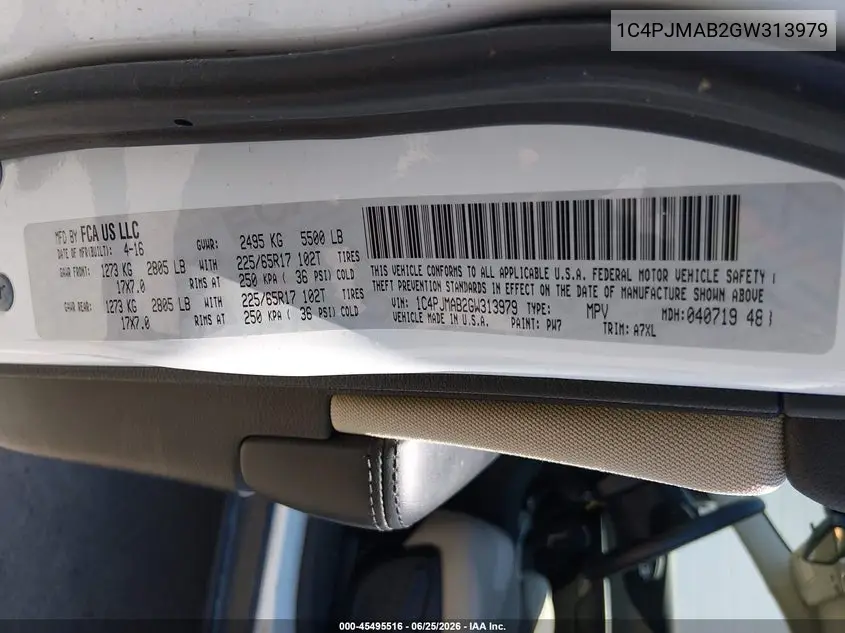 2016 Jeep Cherokee Sport VIN: 1C4PJMAB2GW313979 Lot: 45495516