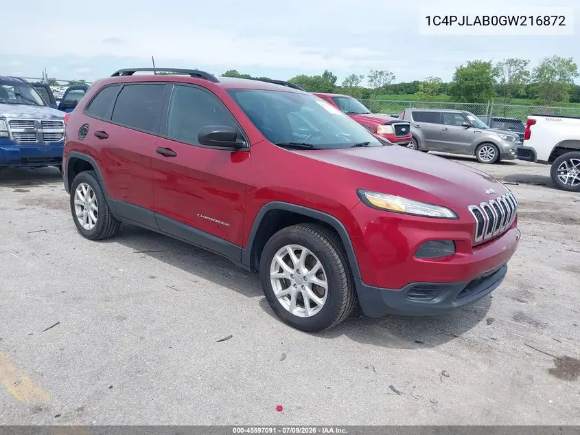 2016 Jeep Cherokee Sport VIN: 1C4PJLAB0GW216872 Lot: 45597091