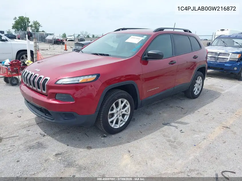 2016 Jeep Cherokee Sport VIN: 1C4PJLAB0GW216872 Lot: 45597091