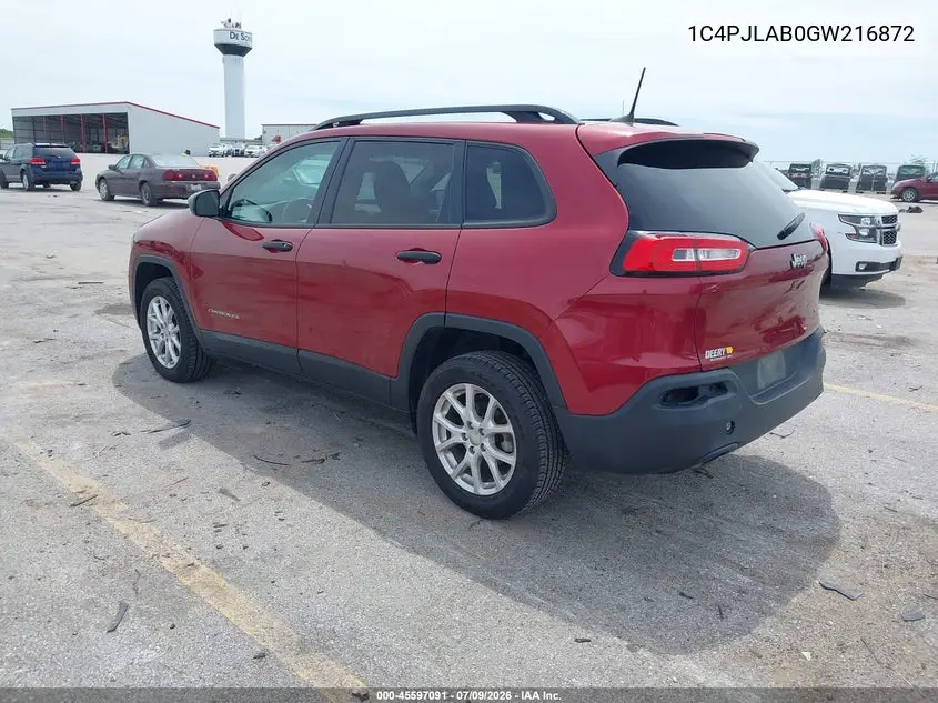 2016 Jeep Cherokee Sport VIN: 1C4PJLAB0GW216872 Lot: 45597091