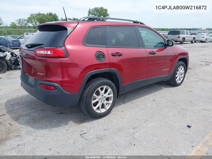 2016 Jeep Cherokee Sport VIN: 1C4PJLAB0GW216872 Lot: 45597091