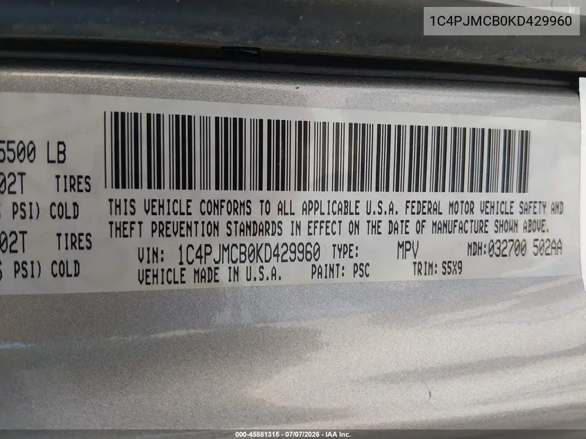 2019 Jeep Cherokee Latitude 4X4 VIN: 1C4PJMCB0KD429960 Lot: 45581315