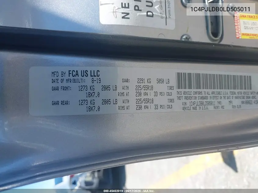 2020 Jeep Cherokee Limited Fwd VIN: 1C4PJLDB0LD505011 Lot: 45402019