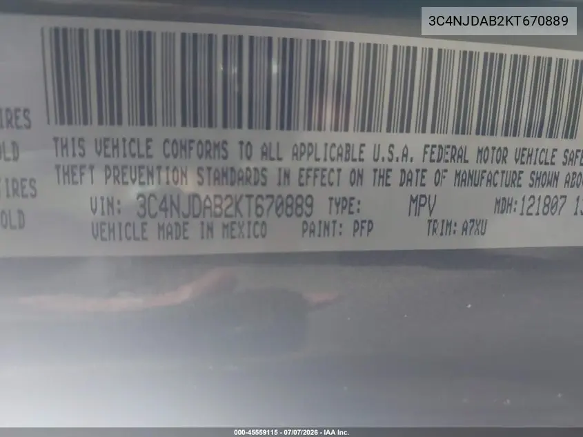 2019 Jeep Compass Sport 4X4 VIN: 3C4NJDAB2KT670889 Lot: 45559115