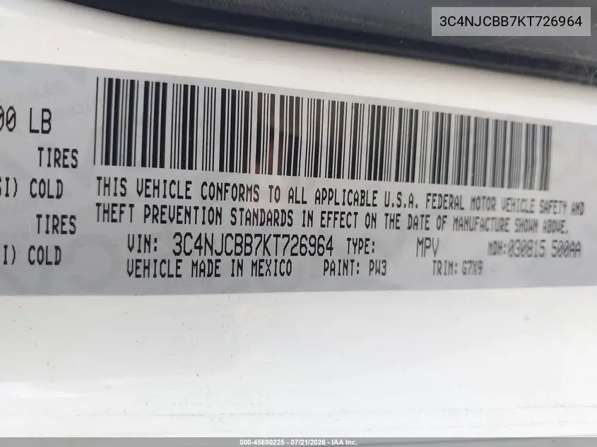 2019 Jeep Compass Altitude Fwd VIN: 3C4NJCBB7KT726964 Lot: 45690225