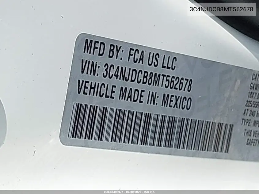 2021 Jeep Compass Limited 4X4 VIN: 3C4NJDCB8MT562678 Lot: 45498971