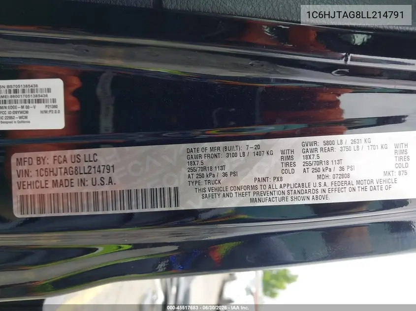 2020 Jeep Gladiator Altitude 4X4 VIN: 1C6HJTAG8LL214791 Lot: 45517683