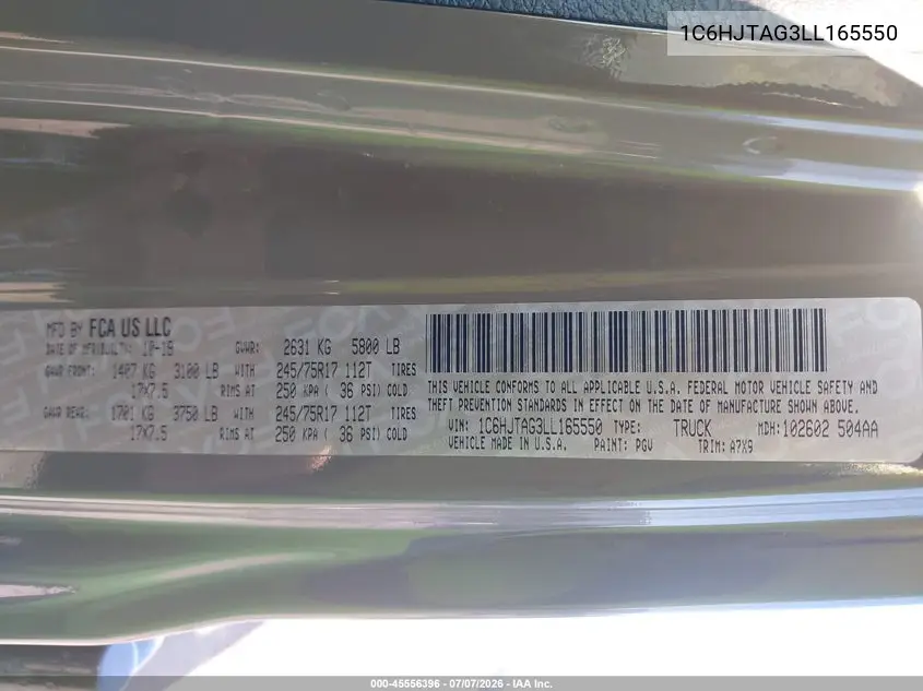 2020 Jeep Gladiator Sport S 4X4 VIN: 1C6HJTAG3LL165550 Lot: 45556396