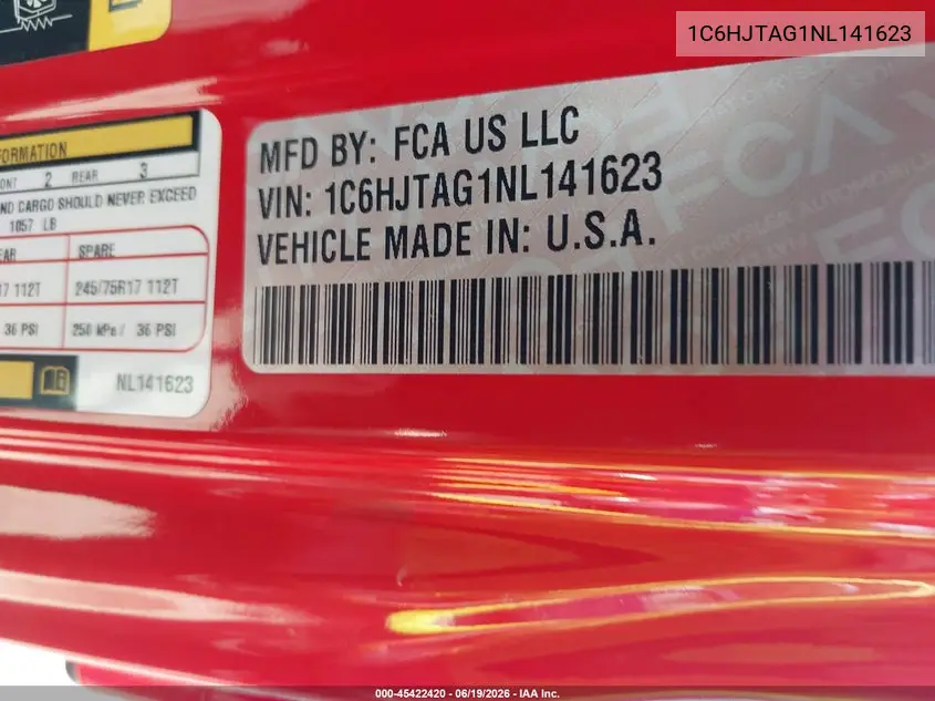 2022 Jeep Gladiator Altitude 4X4 VIN: 1C6HJTAG1NL141623 Lot: 45422420