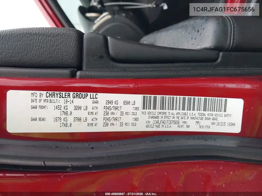 2015 Jeep Grand Cherokee Laredo VIN: 1C4RJFAG1FC675656 Lot: 45665867
