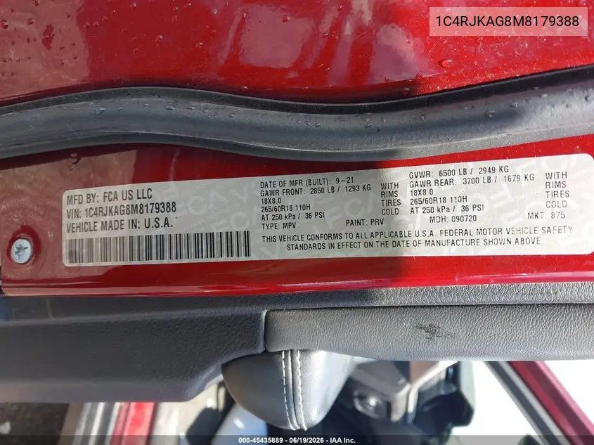 2021 Jeep Grand Cherokee L Laredo 4X4 VIN: 1C4RJKAG8M8179388 Lot: 45435889