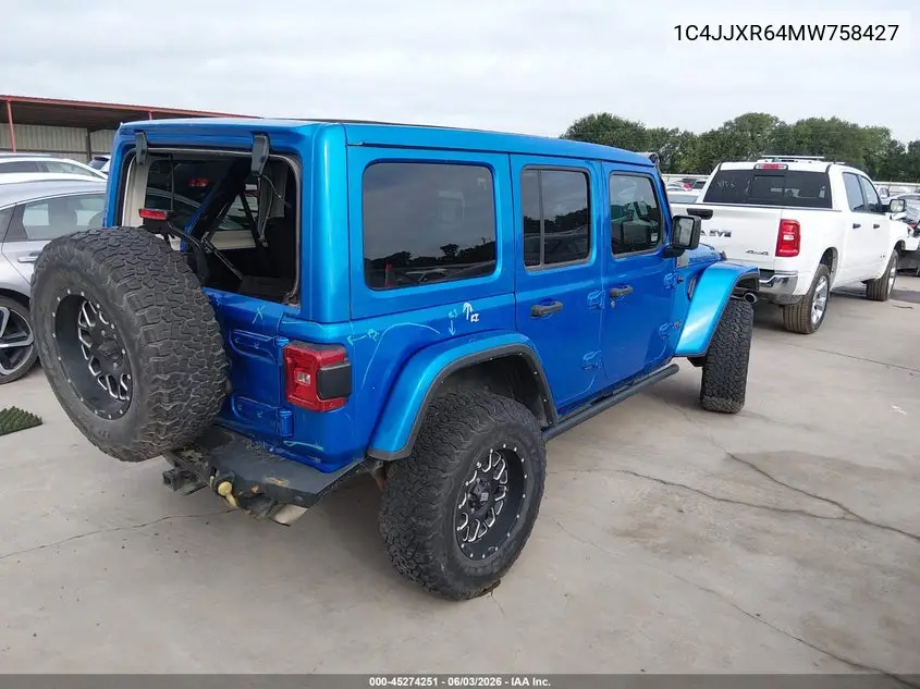 2021 Jeep Wrangler 4Xe Unlimited Rubicon 4X4 VIN: 1C4JJXR64MW758427 Lot: 45274251