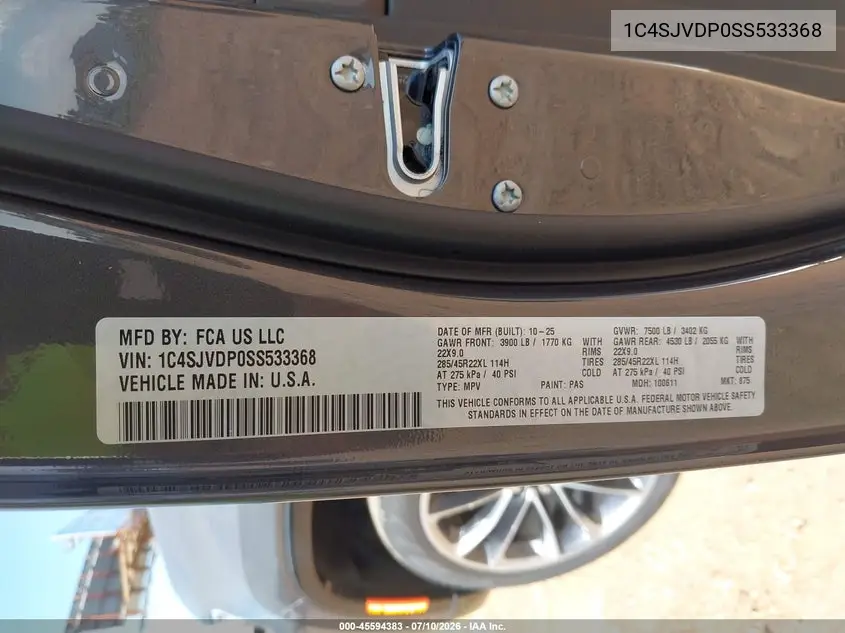 2025 Jeep Wagoneer Series Iii 4X4 VIN: 1C4SJVDP0SS533368 Lot: 45594383