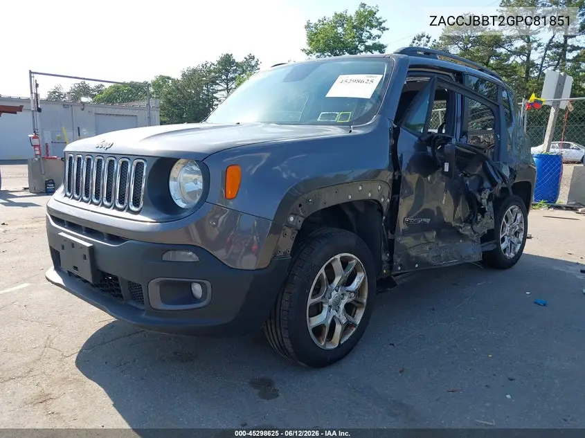 2016 Jeep Renegade Latitude VIN: ZACCJBBT2GPC81851 Lot: 45298625