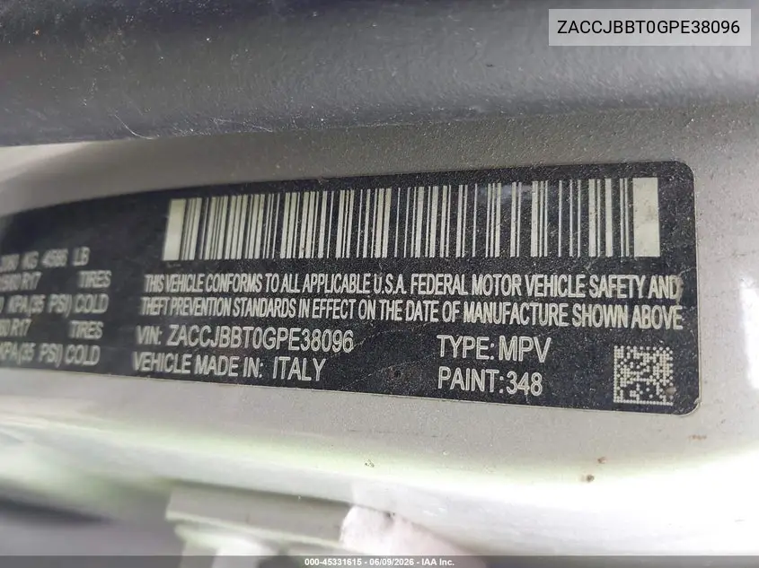 2016 Jeep Renegade Latitude VIN: ZACCJBBT0GPE38096 Lot: 45331615