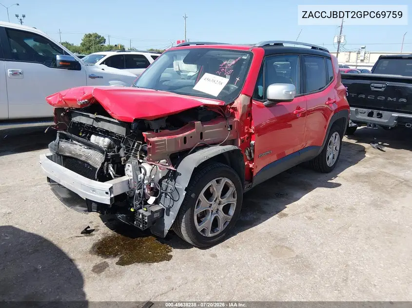 2016 Jeep Renegade Limited VIN: ZACCJBDT2GPC69759 Lot: 45638238
