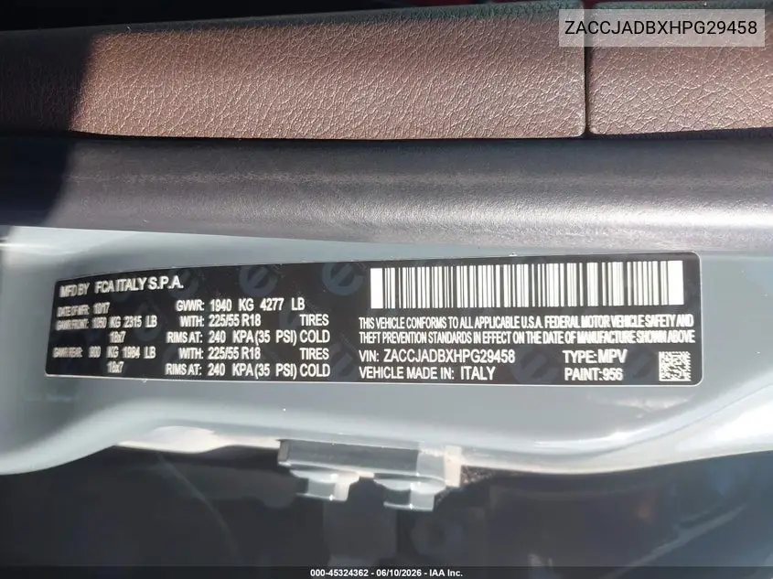 2017 Jeep Renegade Limited Fwd VIN: ZACCJADBXHPG29458 Lot: 45324362