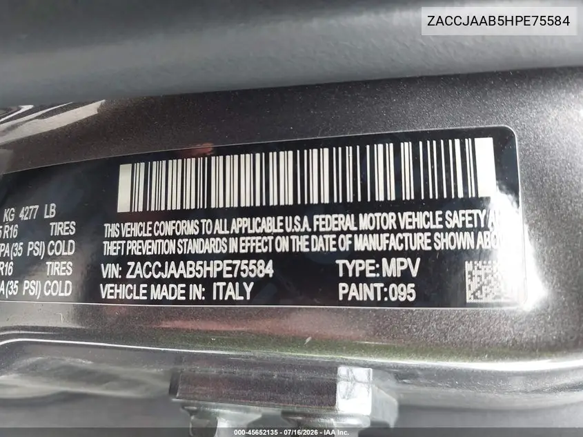 2017 Jeep Renegade Sport VIN: ZACCJAAB5HPE75584 Lot: 45652135