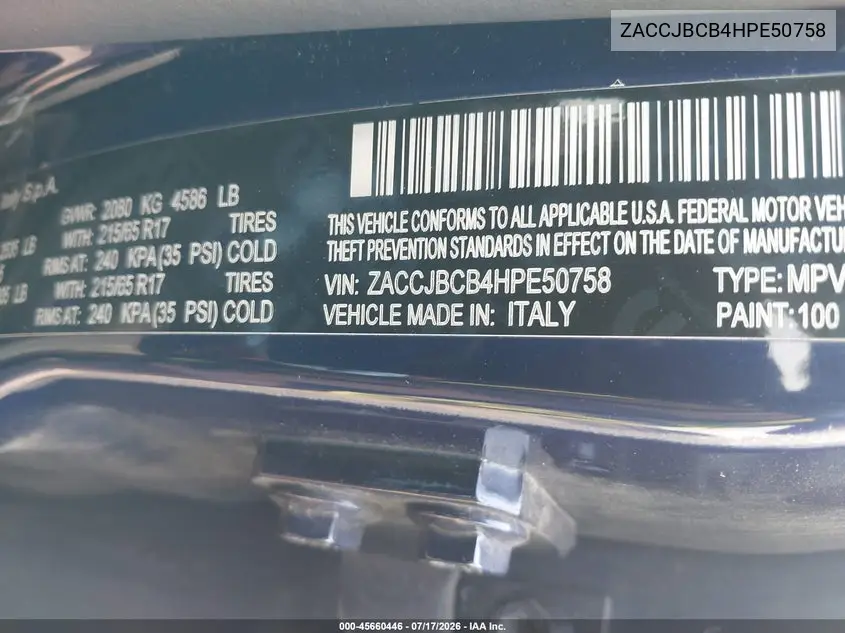2017 Jeep Renegade Trailhawk VIN: ZACCJBCB4HPE50758 Lot: 45660446
