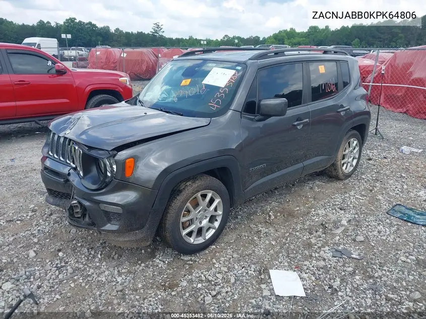 2019 Jeep Renegade Latitude Fwd VIN: ZACNJABB0KPK64806 Lot: 45353482