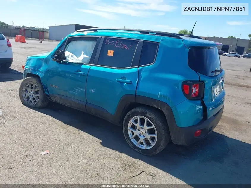 2022 Jeep Renegade Latitude 4X4 VIN: ZACNJDB17NPN77851 Lot: 45328617