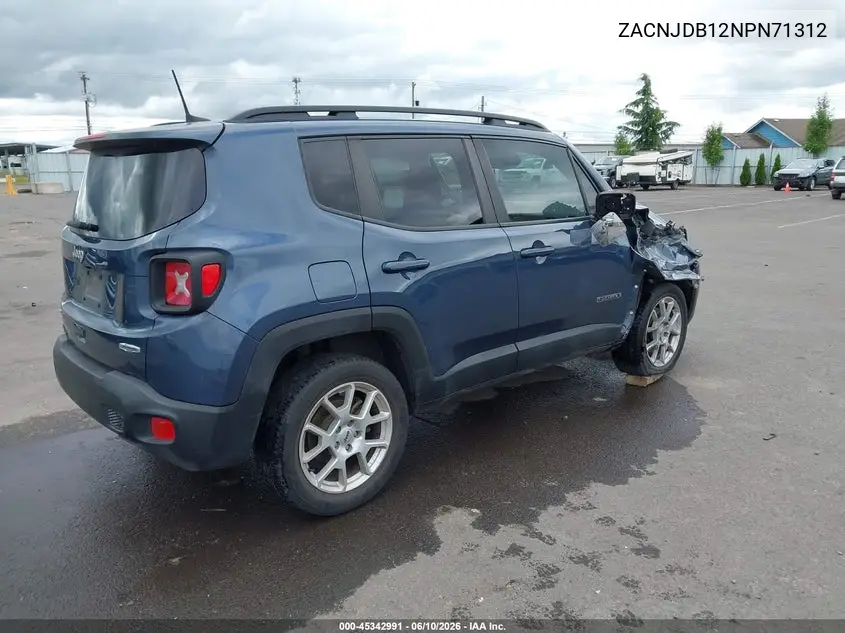 2022 Jeep Renegade Latitude 4X4 VIN: ZACNJDB12NPN71312 Lot: 45342991