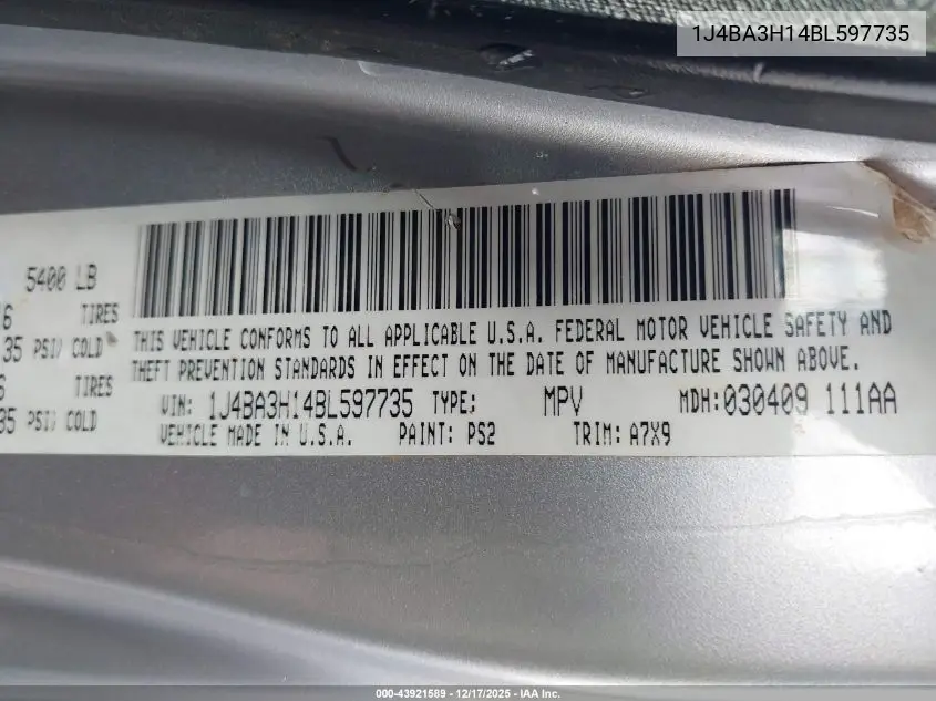 1J4BA3H14BL597735 2011 Jeep Wrangler Unlimited Sport