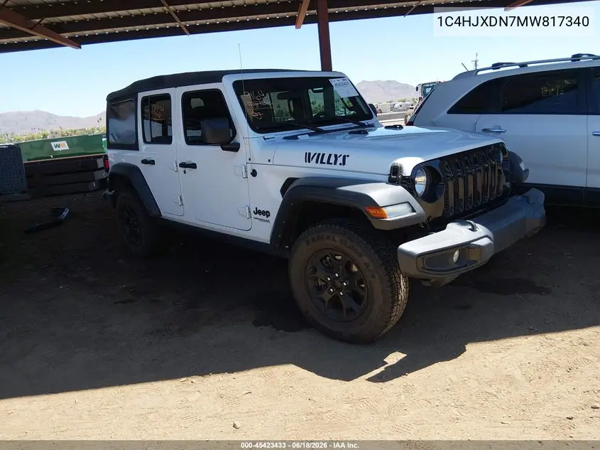 2021 Jeep Wrangler Unlimited Willys Sport 4X4 VIN: 1C4HJXDN7MW817340 Lot: 45423433