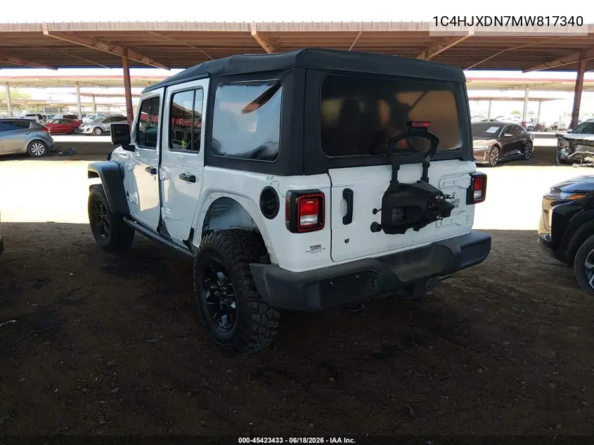 2021 Jeep Wrangler Unlimited Willys Sport 4X4 VIN: 1C4HJXDN7MW817340 Lot: 45423433