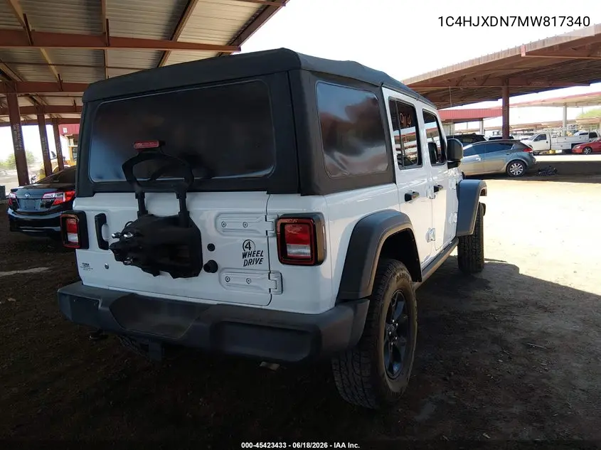 2021 Jeep Wrangler Unlimited Willys Sport 4X4 VIN: 1C4HJXDN7MW817340 Lot: 45423433