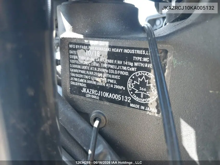 2019 Kawasaki Zr1000 J VIN: JKAZRCJ10KA005132 Lot: 12634289