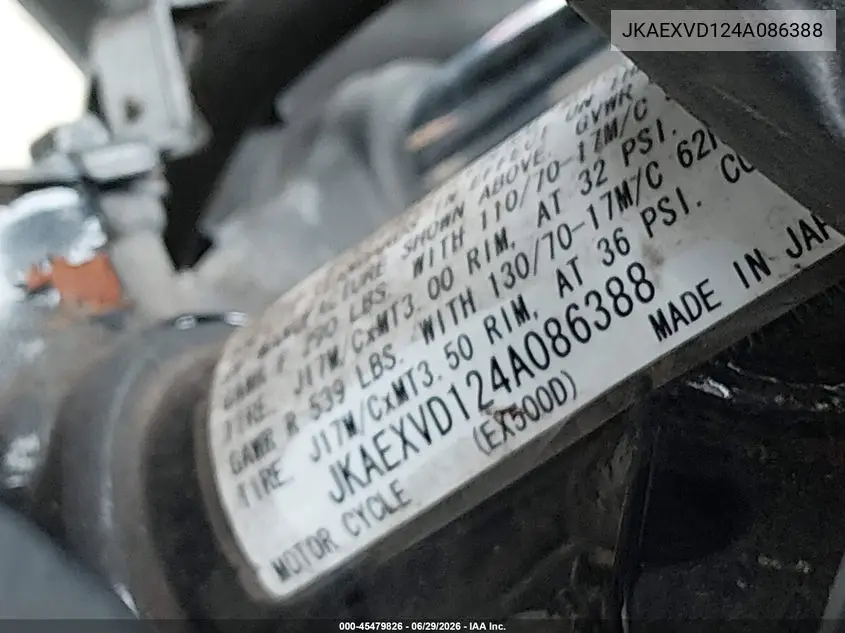 2004 Kawasaki Ex500 D VIN: JKAEXVD124A086388 Lot: 45479826