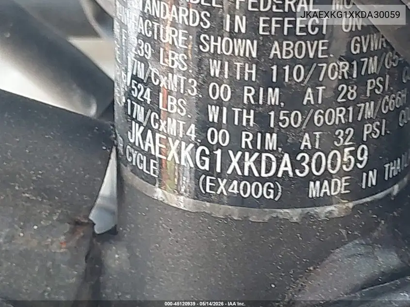 2019 Kawasaki Ex400 VIN: JKAEXKG1XKDA30059 Lot: 45120939