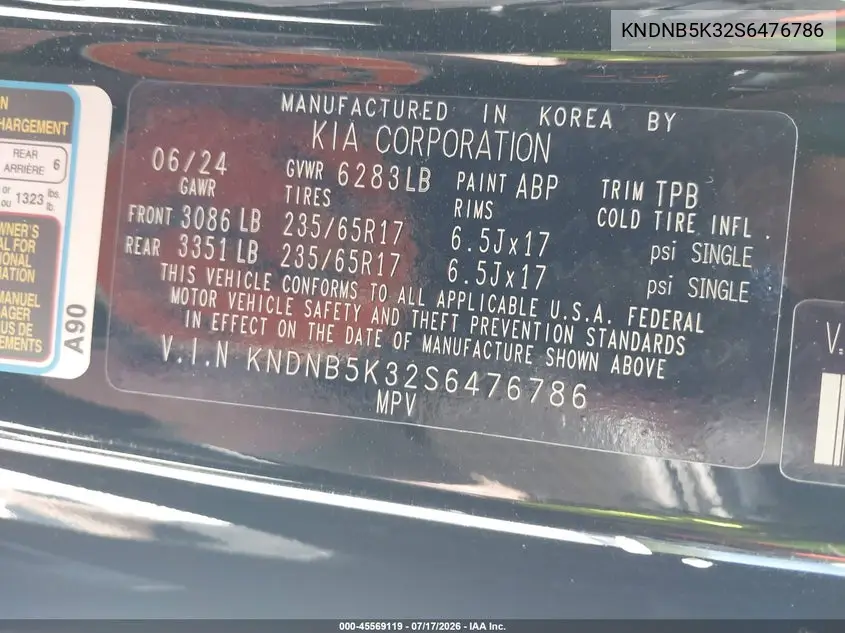 2025 Kia Carnival Mpv Lxs VIN: KNDNB5K32S6476786 Lot: 45569119