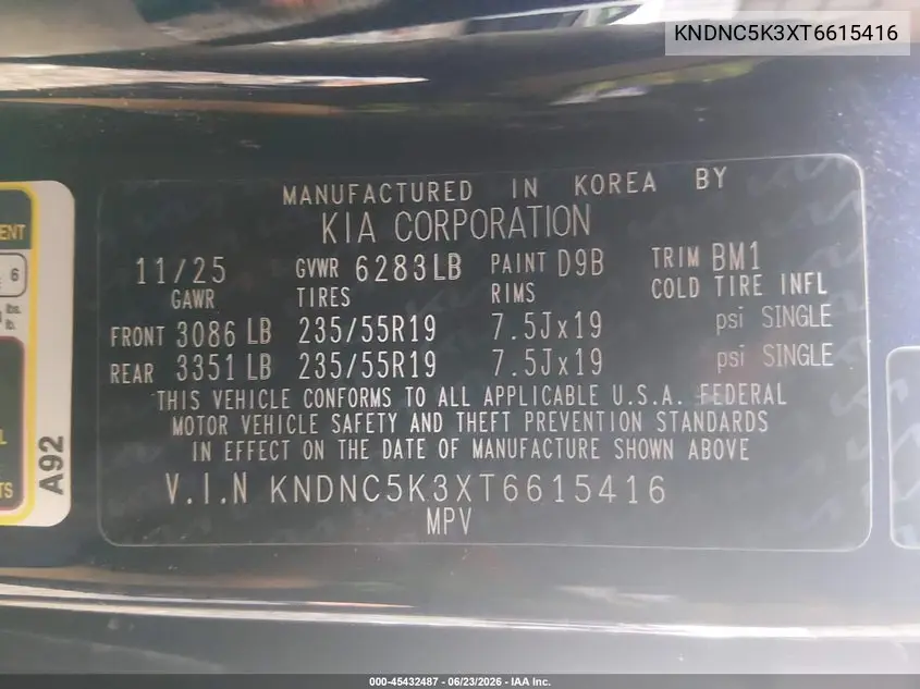 2026 Kia Carnival Mpv Ex VIN: KNDNC5K3XT6615416 Lot: 45432487