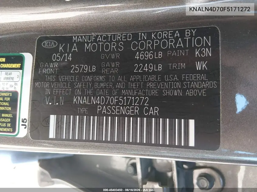 2015 Kia Cadenza Premium VIN: KNALN4D70F5171272 Lot: 45403450