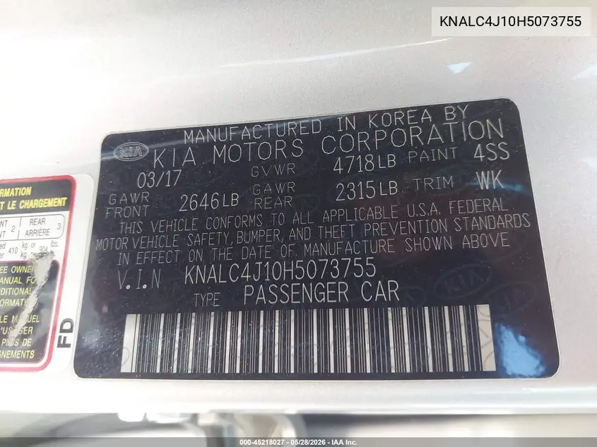 2017 Kia Cadenza Technology VIN: KNALC4J10H5073755 Lot: 45218027