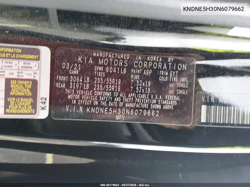 2022 Kia Carnival Mpv Sx Prestige VIN: KNDNE5H30N6079662 Lot: 45170643