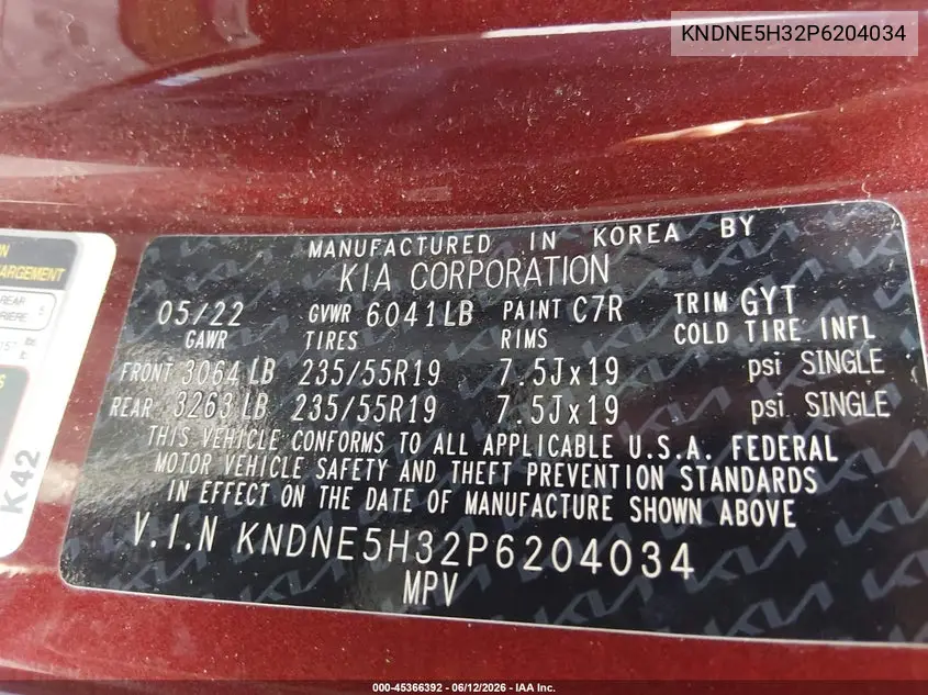 2023 Kia Carnival Mpv Sx Prestige VIN: KNDNE5H32P6204034 Lot: 45366392